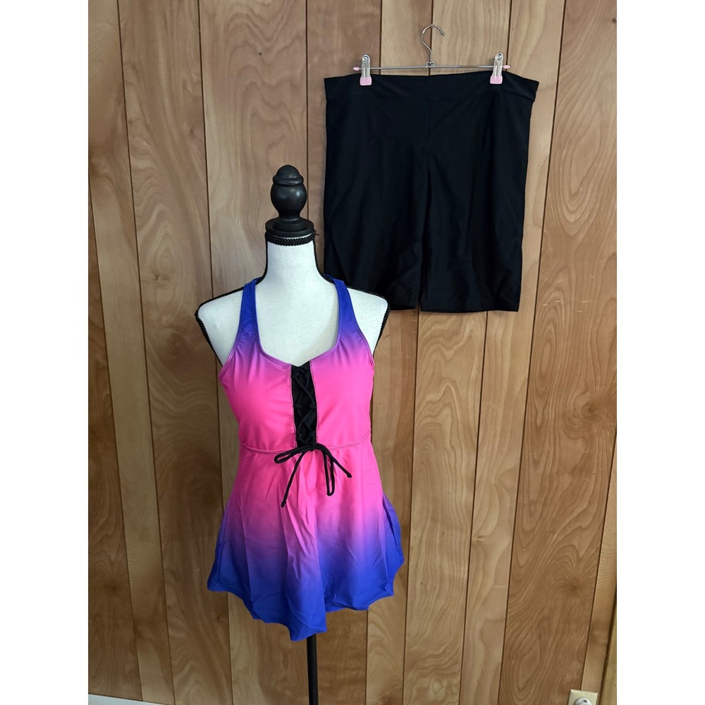 Amazon Pink Purple Ombre Lace Up Tankini‎ Swim Dress and Shorts Set 2XL
